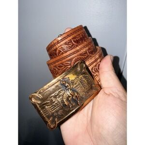 Vintage‎ Brass Cowboy Bucking Horse Buckle Tooled Belt Sz 34" Western